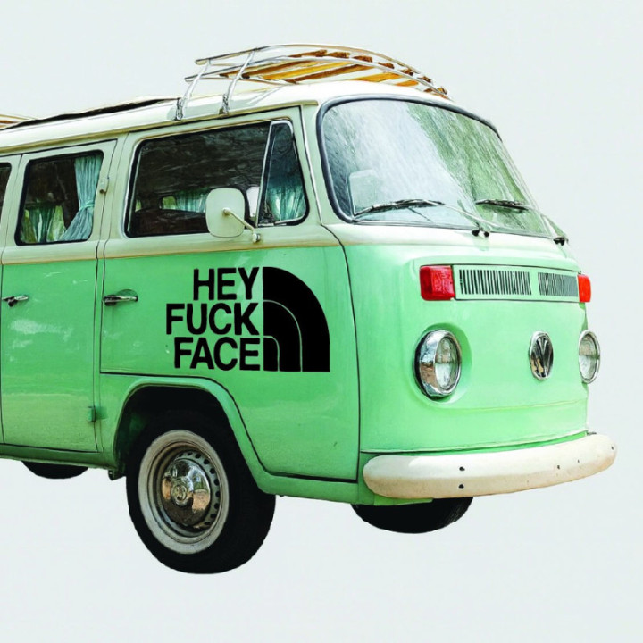 Hey Fuck Face Stickers – Funny Parody Decals (2-Pack)